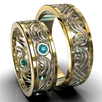 Two Tone Gold Blue Diamond His and Hers Matching Wedding Bands – Filigree Style