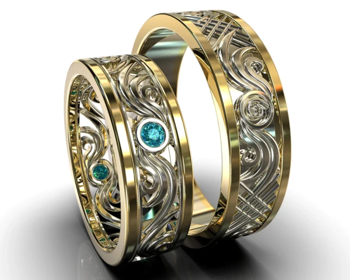 Two Tone Gold Blue Diamond His and Hers Matching Wedding Bands – Filigree Style