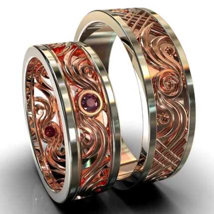 Two Tone Rose Gold Pink Sapphire His and Hers Matching Wedding Bands – Filigree Style