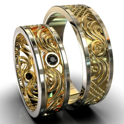 Two Tone Gold Black Diamond His and Hers Matching Wedding Bands – Filigree Style