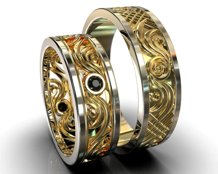 Two Tone Gold Black Diamond His and Hers Matching Wedding Bands – Filigree Style
