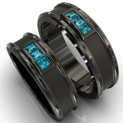 Blue Diamond Black Gold His and Hers Matching Wedding Bands – Square Gem