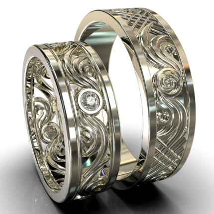 White Gold Diamond His and Hers Matching Wedding Bands – Filigree Style