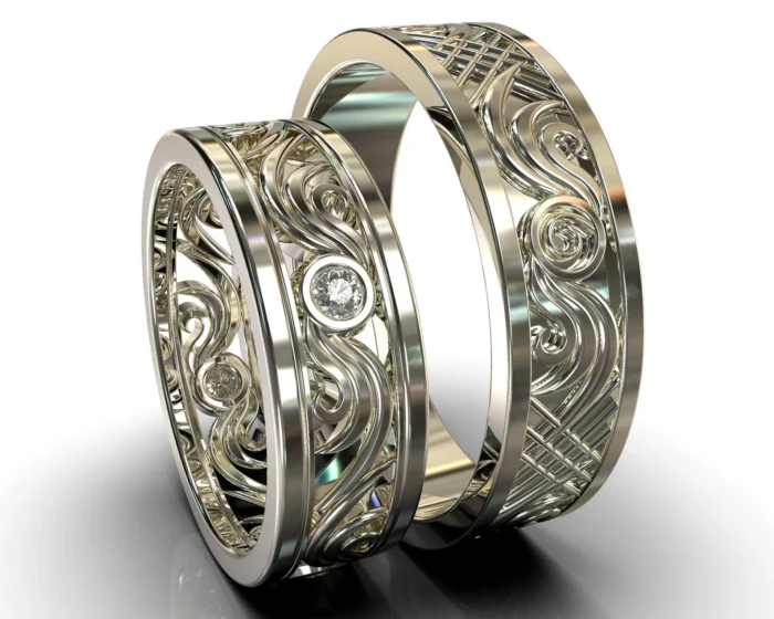 White Gold Diamond His and Hers Matching Wedding Bands – Filigree Style