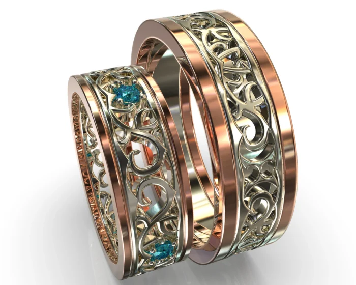 Two Tone Gold Blue Diamond Matching Wedding Bands – Unique Floral Rings