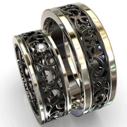 Two Tone Black Gold Diamond Matching Wedding Bands – Unique Floral Rings