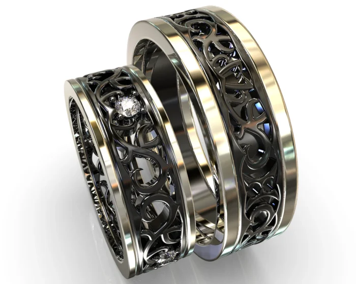 Two Tone Black Gold Diamond Matching Wedding Bands – Unique Floral Rings