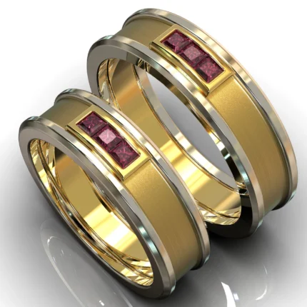 Two Tone Gold Ruby His and Hers Matching Wedding Bands – Square Gem