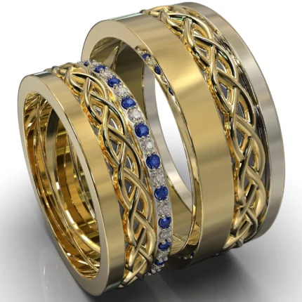 Two Tone Gold Diamond Sapphire Matching Wedding Bands – Celtic Design