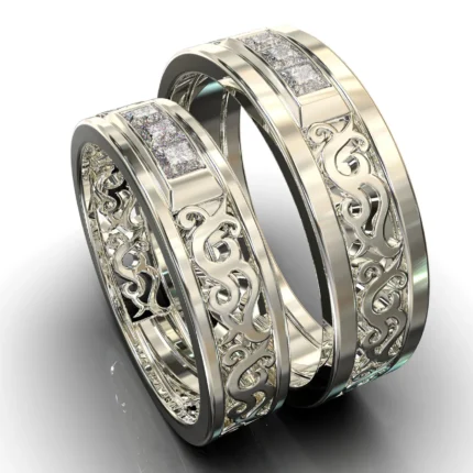 Unique White Gold Square Diamond Matching Wedding Bands – Filigree Design