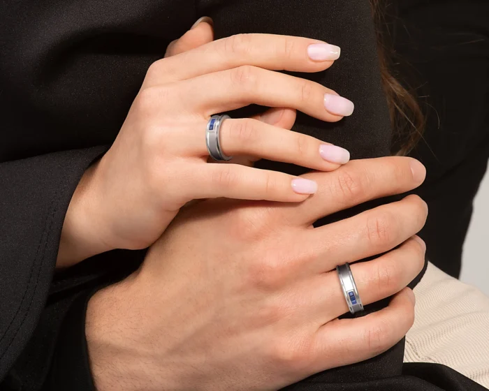 White Gold Sapphire His and Hers Matching Wedding Bands – Square Gem - Image 2
