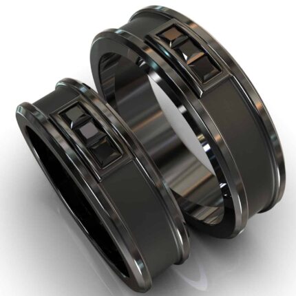 Black Gold Black Diamond His and Hers Matching Wedding Bands – Square Gem