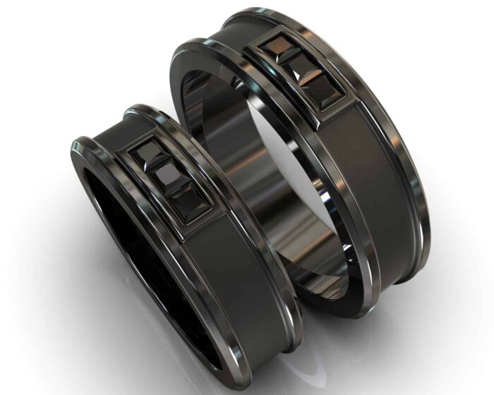 Black Gold Black Diamond His and Hers Matching Wedding Bands – Square Gem