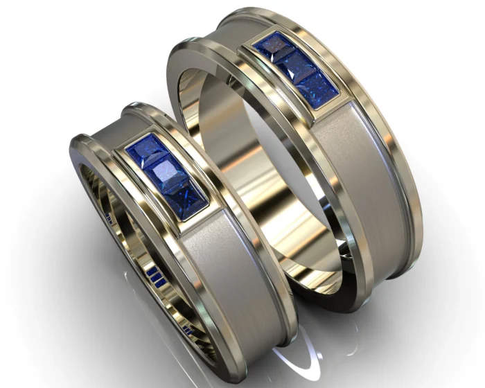 White Gold Sapphire His and Hers Matching Wedding Bands – Square Gem