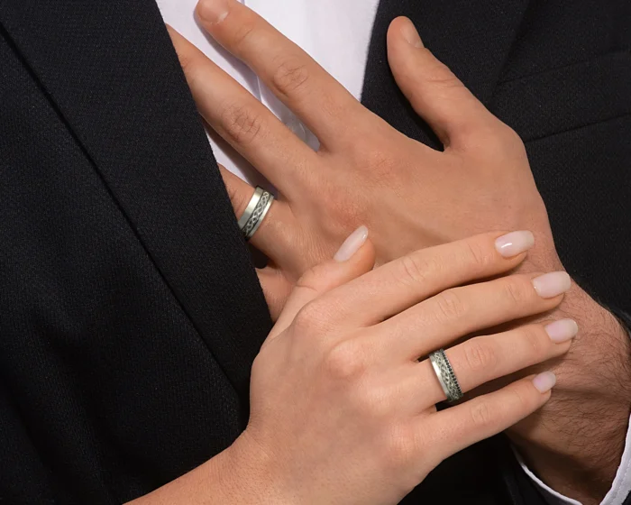 White Gold His and Her Black Diamond Wedding rings – Celtic Design - Image 4