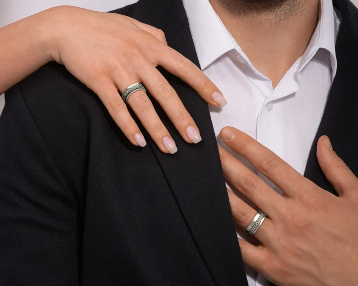 White Gold His and Her Black Diamond Wedding rings – Celtic Design - Image 3