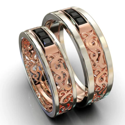 Two Tone Rose Gold Black Diamond Matching Wedding Bands – Filigree Design