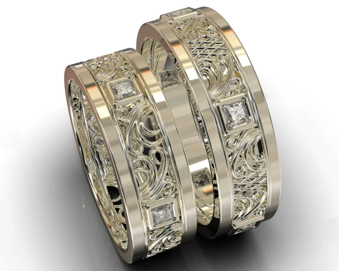 White Gold Diamond His and Hers Matching Wedding Bands – Princess Gem