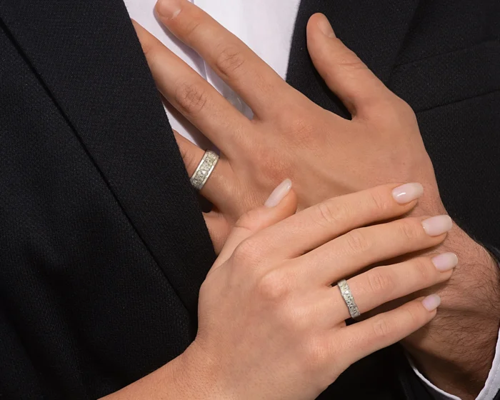 White Gold Diamond His and Hers Matching Wedding Bands – Triangle Gem - Image 4