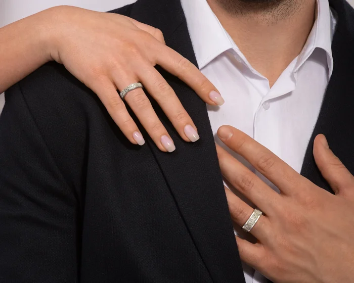 White Gold Diamond His and Hers Matching Wedding Bands – Triangle Gem - Image 3