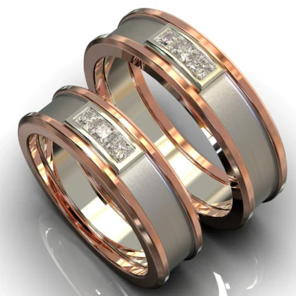 Two Tone Rose Gold Diamond His and Hers Matching Wedding Band – Square Gem