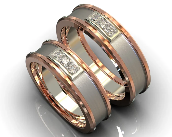 Two Tone Rose Gold Diamond His and Hers Matching Wedding Band – Square Gem