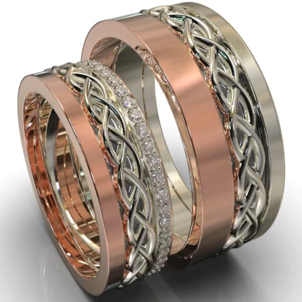 Two-Tone Gold His And Hers Wedding Band Set With Diamonds – Celtic Design