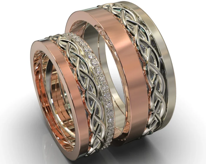 Two-Tone Gold His And Hers Wedding Band Set With Diamonds – Celtic Design