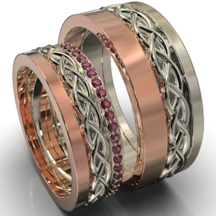 Two Tone Gold Ruby Matching Wedding Bands – Celtic Design