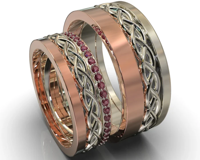 Two Tone Gold Ruby Matching Wedding Bands – Celtic Design