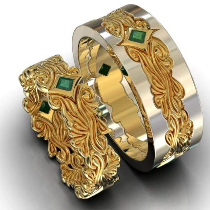 Two Tone Gold Emerald His and Hers Wedding Band Set – Floral Style