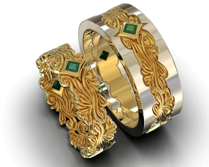 Two Tone Gold Emerald His and Hers Wedding Band Set – Floral Style