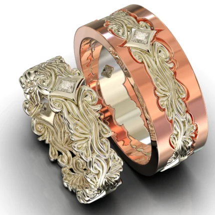White Gold Rose Gold Diamond His And Hers Matching Wedding Bands – Floral Style
