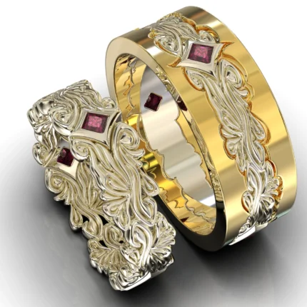 Two Tone Gold Ruby His and Hers Matching Wedding Bands – Floral Style