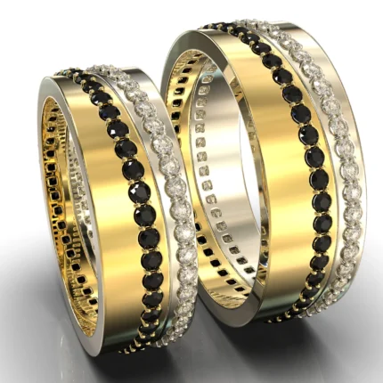 Two Tone Gold Split Black Diamond His and His Matching Wedding Bands