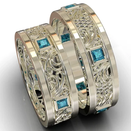 White Gold Blue Diamond Matching Wedding Bands – Princess Gem