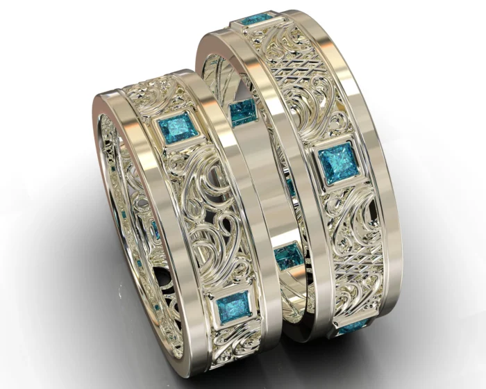 White Gold Blue Diamond Matching Wedding Bands – Princess Gem