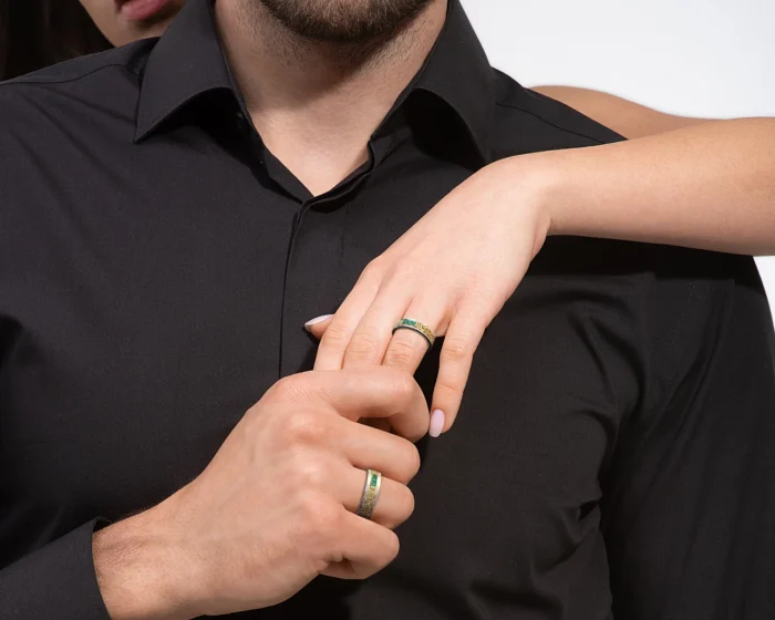 Two Tone Gold Square Emerald Matching Wedding Bands – Filigree Design - Image 4