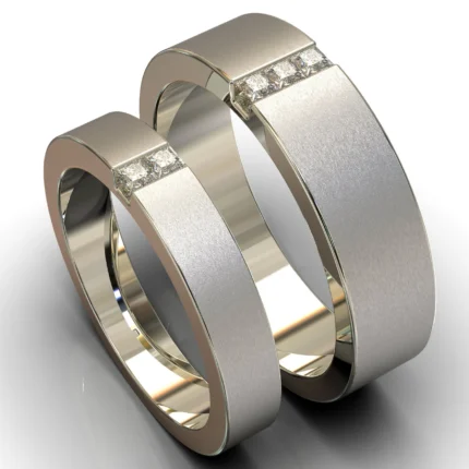 Flush Diamond White Gold Matching Wedding Bands – Brushed Gold Rings