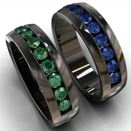 Black Gold Emerald Sapphire His and His Matching Wedding Bands