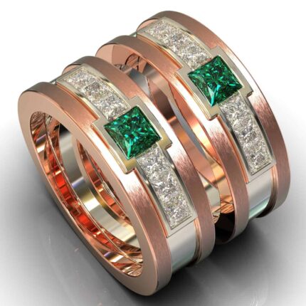 Brushed Two Tone Gold Emerald Diamond His and His Matching Wedding Bands
