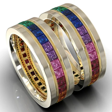 Two Tone Gold Rainbow Gemstone His And His Matching Wedding Bands