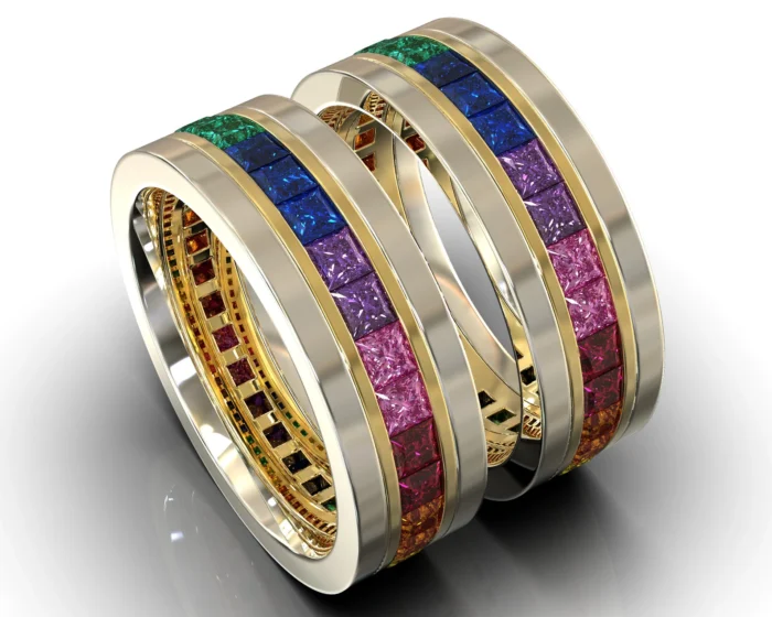 Two Tone Gold Rainbow Gemstone His And His Matching Wedding Bands