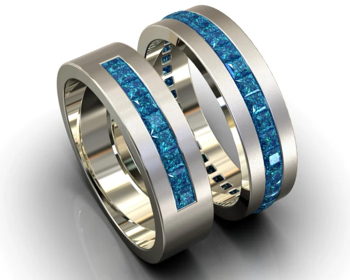 White Gold Channel Blue Diamond His and His Matching Wedding Bands