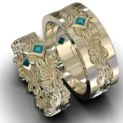 White Gold Blue Diamond His And Hers Matching Wedding Bands – Floral Style