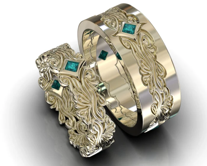 White Gold Blue Diamond His And Hers Matching Wedding Bands – Floral Style