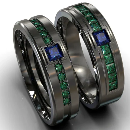 Black Gold Emerald Sapphire Matching His and His Wedding Bands