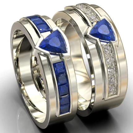 White Gold Trillion Sapphire Diamond His and His Matching Wedding Bands