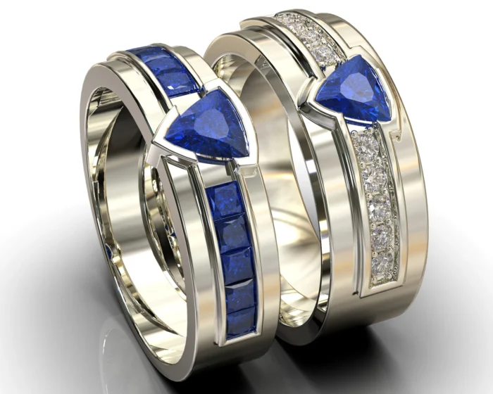 White Gold Trillion Sapphire Diamond His and His Matching Wedding Bands