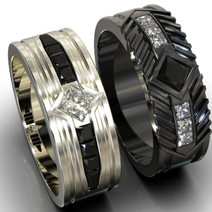 Two Tone Black and White Diamond His and His Matching Wedding Bands